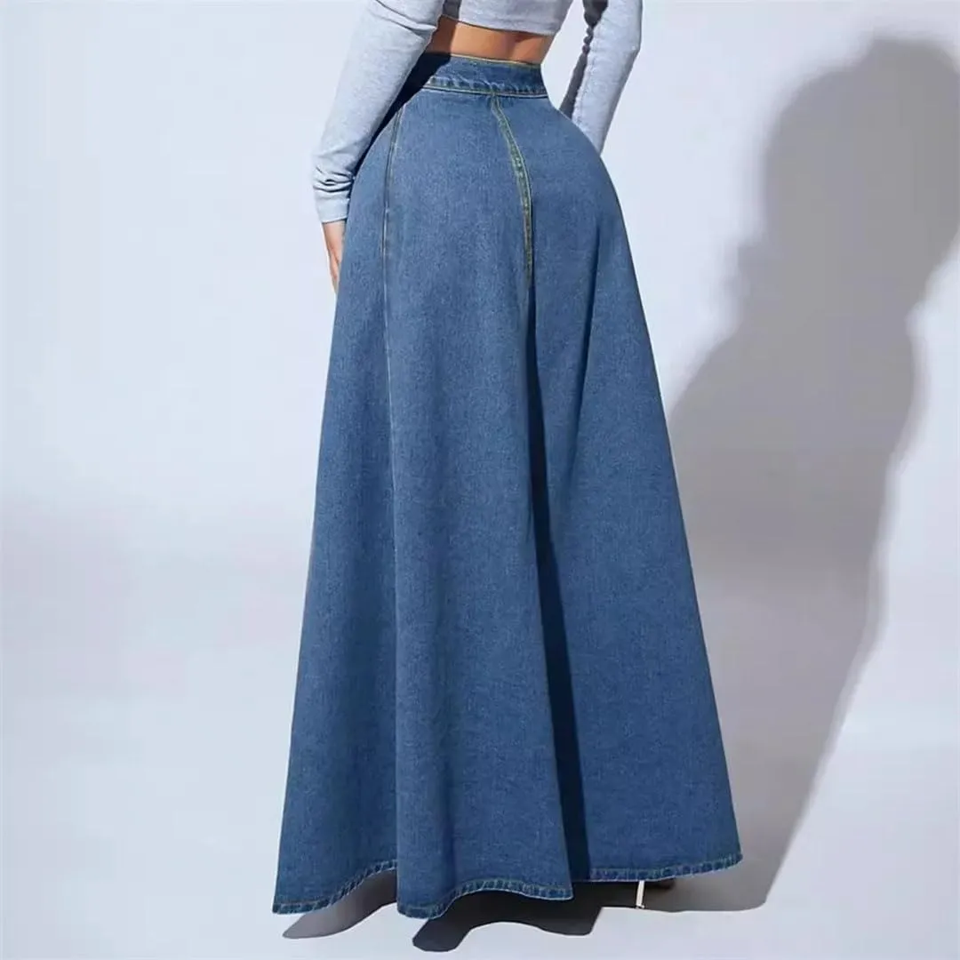 Women's Vintage Button-Down Denim Zipper High-Waisted A-Line Skirted for Work Skirt