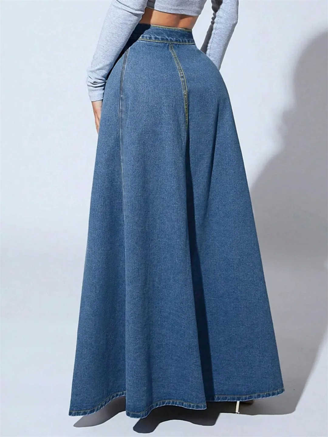 Women's Vintage Button-Down Denim Zipper High-Waisted A-Line Skirted for Work Skirt