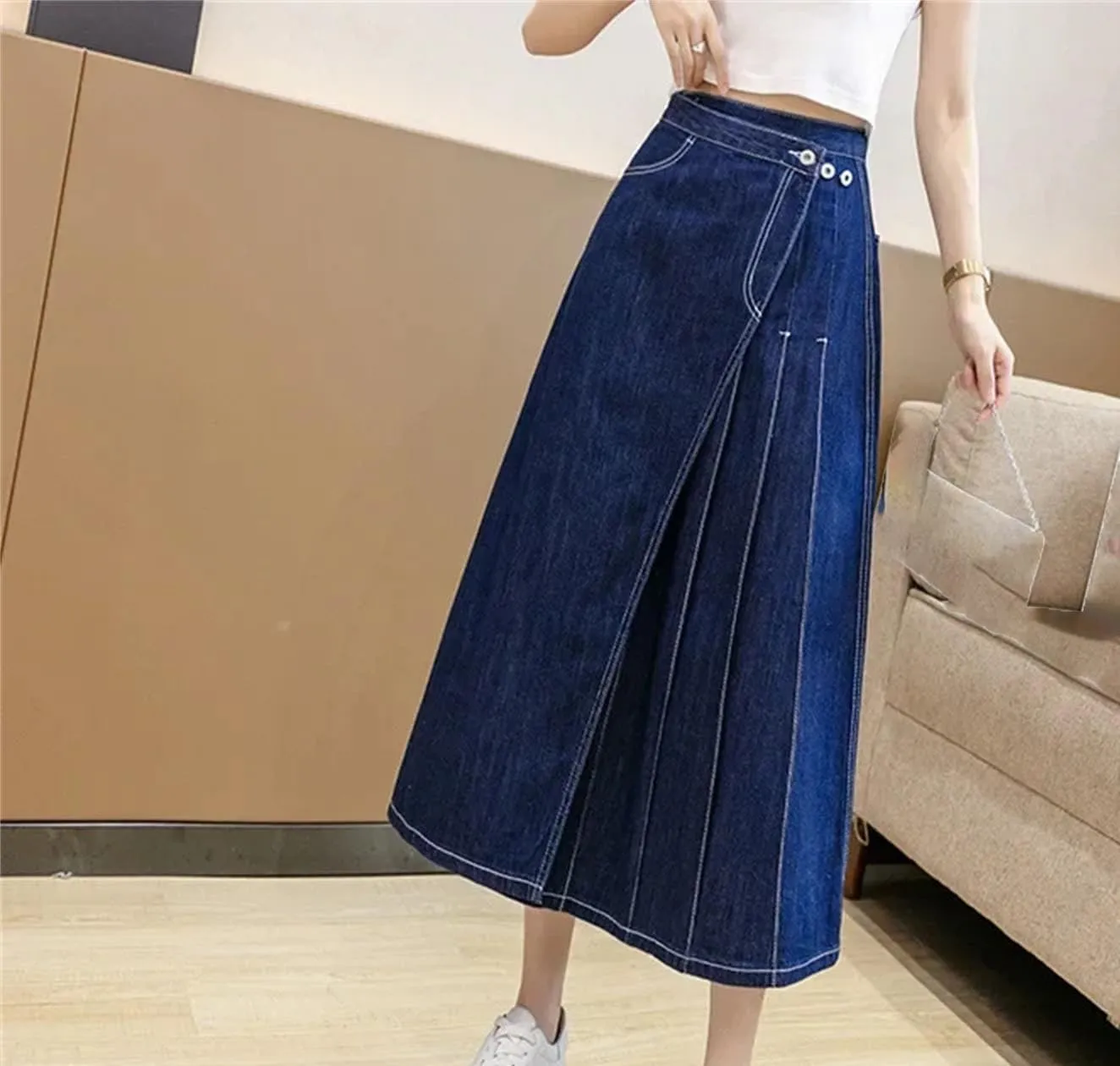 Women's with Front Slit Waistband Decoration Denim Skirt Low-Waisted High-Stretch Denim Skirt