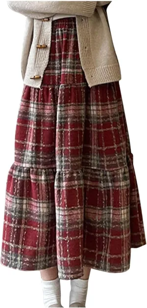 Women's Woolen Blend Swing Maxi Skirt, Fashion Tiered Ruffle Smocked Casual Clothes High Waisted Comfy Trendy Skirts