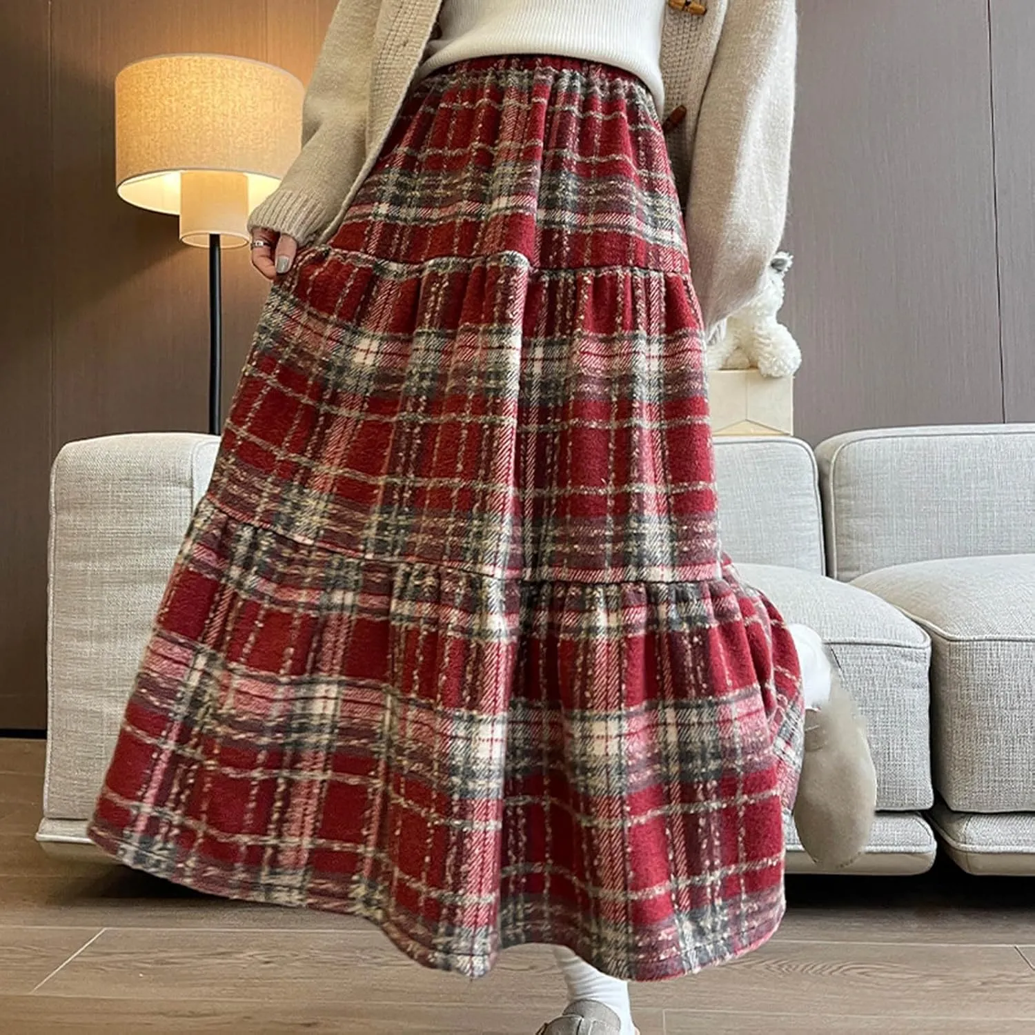 Women's Woolen Blend Swing Maxi Skirt, Fashion Tiered Ruffle Smocked Casual Clothes High Waisted Comfy Trendy Skirts