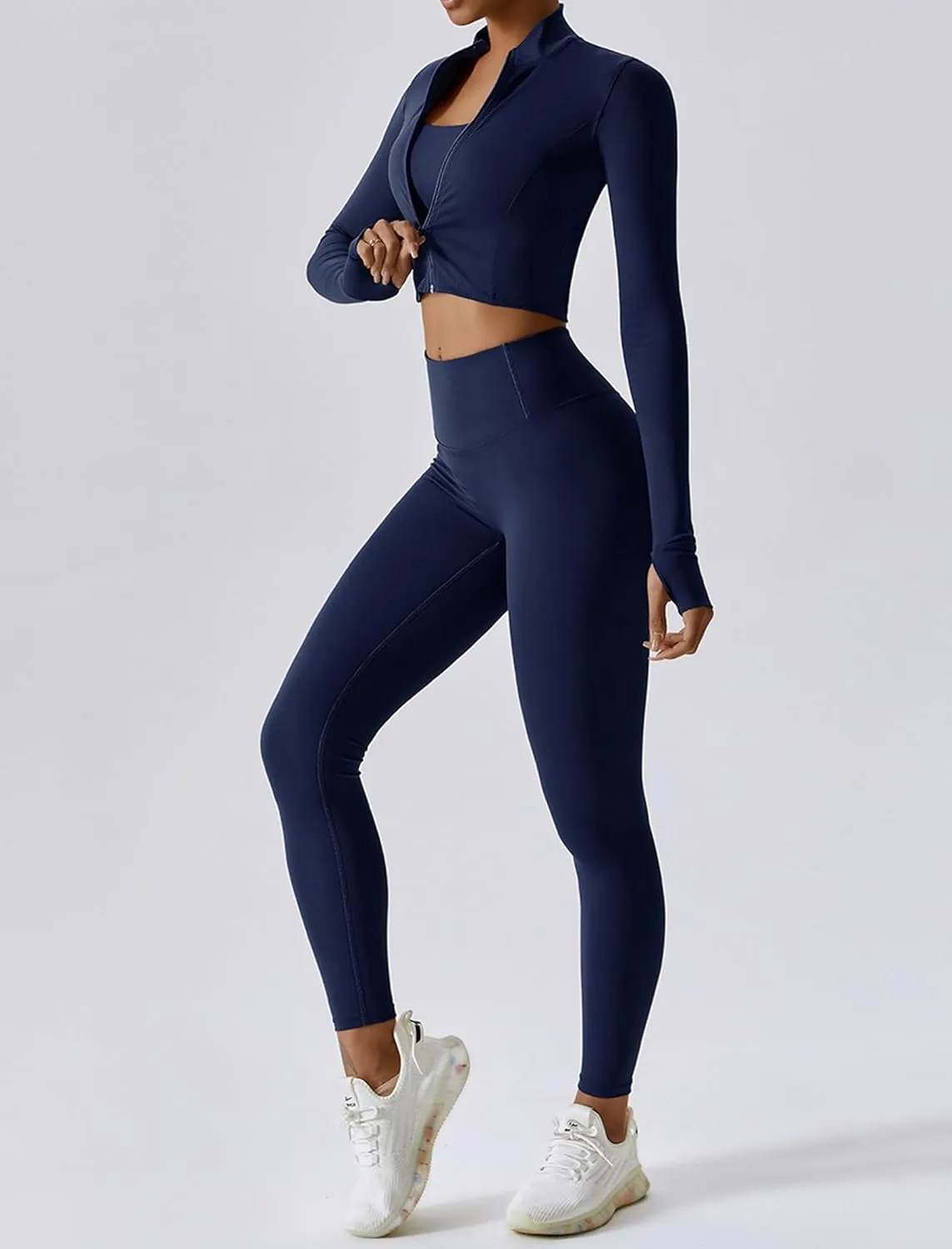 Workout Outfits for Women 3 Piece Long Sleeve Zip Up Cropped Jacket, Sports Bra and Tummy Control Leggings