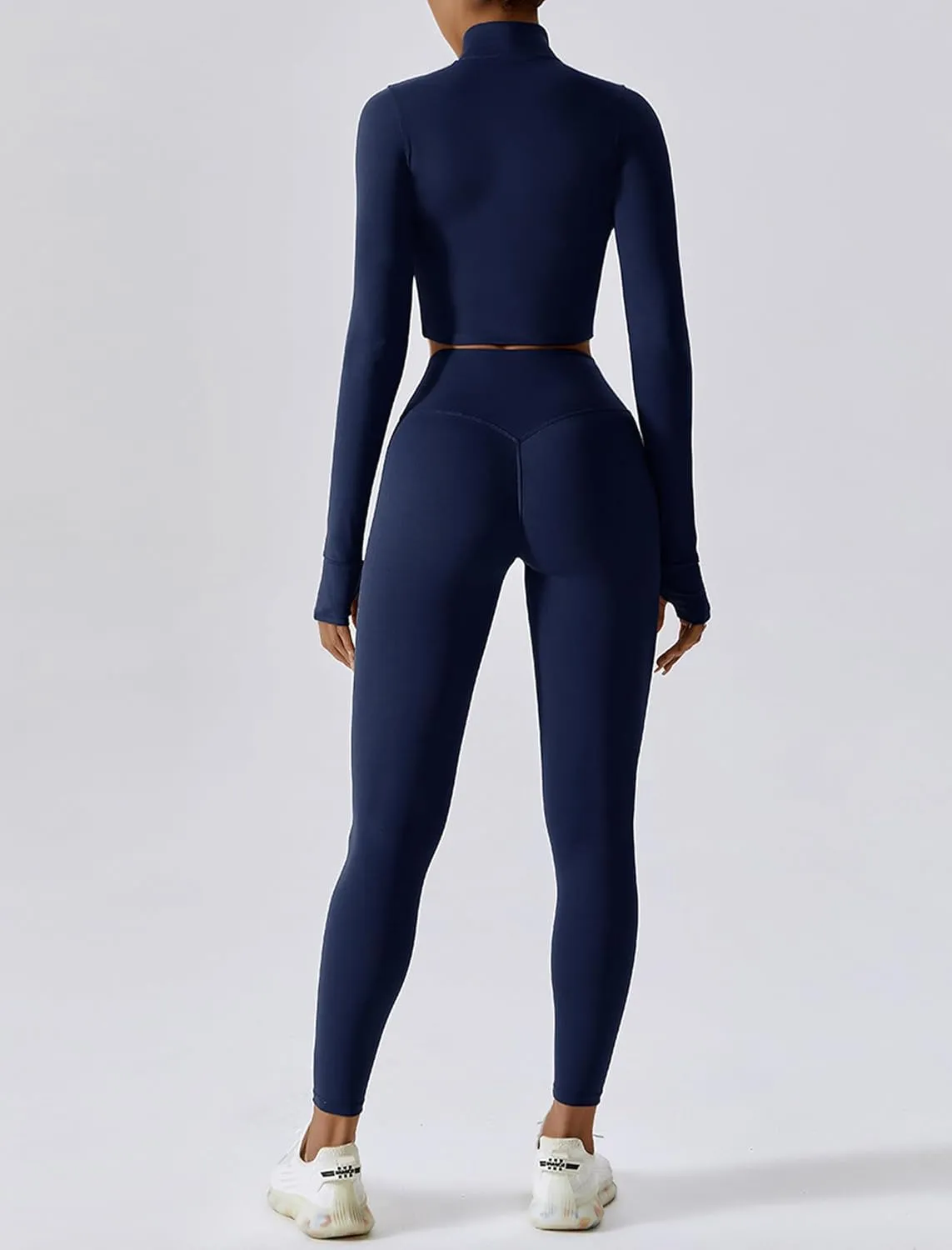 Workout Outfits for Women 3 Piece Long Sleeve Zip Up Cropped Jacket, Sports Bra and Tummy Control Leggings