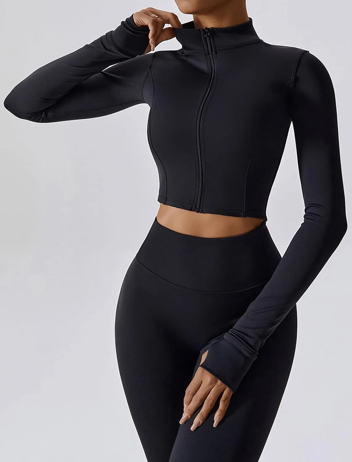 Workout Outfits for Women 3 Piece Long Sleeve Zip Up Cropped Jacket, Sports Bra and Tummy Control Leggings