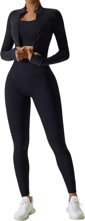Workout Outfits for Women 3 Piece Long Sleeve Zip Up Cropped Jacket, Sports Bra and Tummy Control Leggings