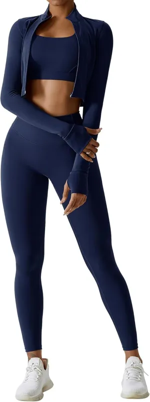 Workout Outfits for Women 3 Piece Long Sleeve Zip Up Cropped Jacket, Sports Bra and Tummy Control Leggings