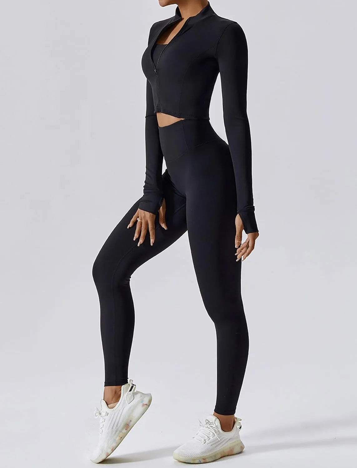 Workout Outfits for Women 3 Piece Long Sleeve Zip Up Cropped Jacket, Sports Bra and Tummy Control Leggings