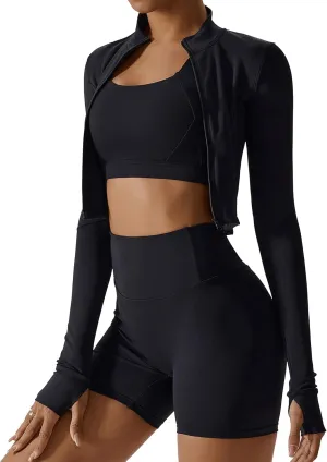 Workout Outfits for Women 3 Piece Long Sleeve Zip Up Cropped Jacket, Sports Bra and Tummy Control shorts