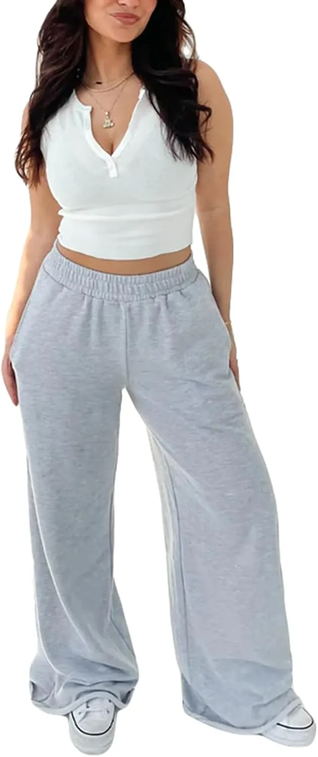 XBTCLXEBCO Womens Wide Leg Sweatpants Elastic High Waist Straight Leg Jogger Pants Teen Girls Baggy Workout Lounge Trousers