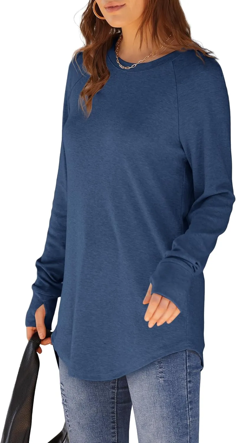 XIEERDUO Womens Tunic Tops to Wear with Leggings Long Sleeve Thumb Hole Shirts Crew Neck Curved Hem