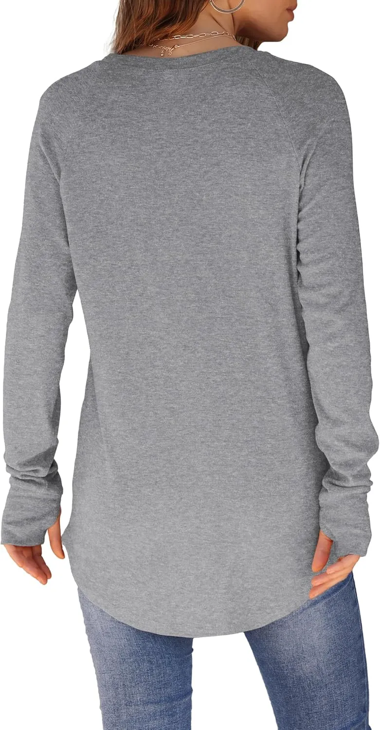 XIEERDUO Womens Tunic Tops to Wear with Leggings Long Sleeve Thumb Hole Shirts Crew Neck Curved Hem