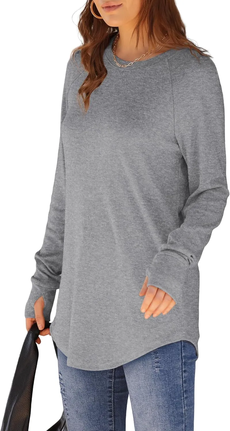 XIEERDUO Womens Tunic Tops to Wear with Leggings Long Sleeve Thumb Hole Shirts Crew Neck Curved Hem