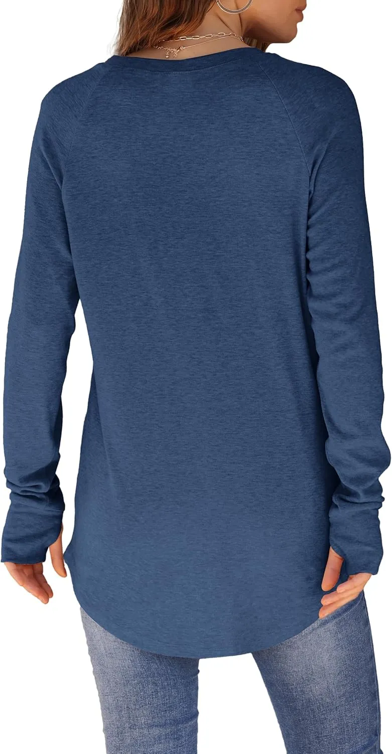 XIEERDUO Womens Tunic Tops to Wear with Leggings Long Sleeve Thumb Hole Shirts Crew Neck Curved Hem