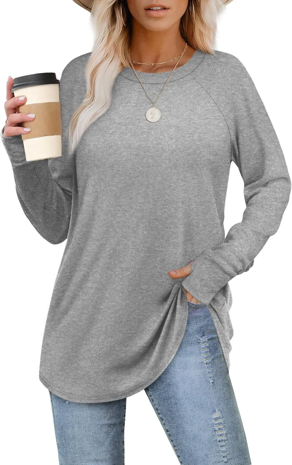 XIEERDUO Womens Tunic Tops to Wear with Leggings Long Sleeve Thumb Hole Shirts Crew Neck Curved Hem