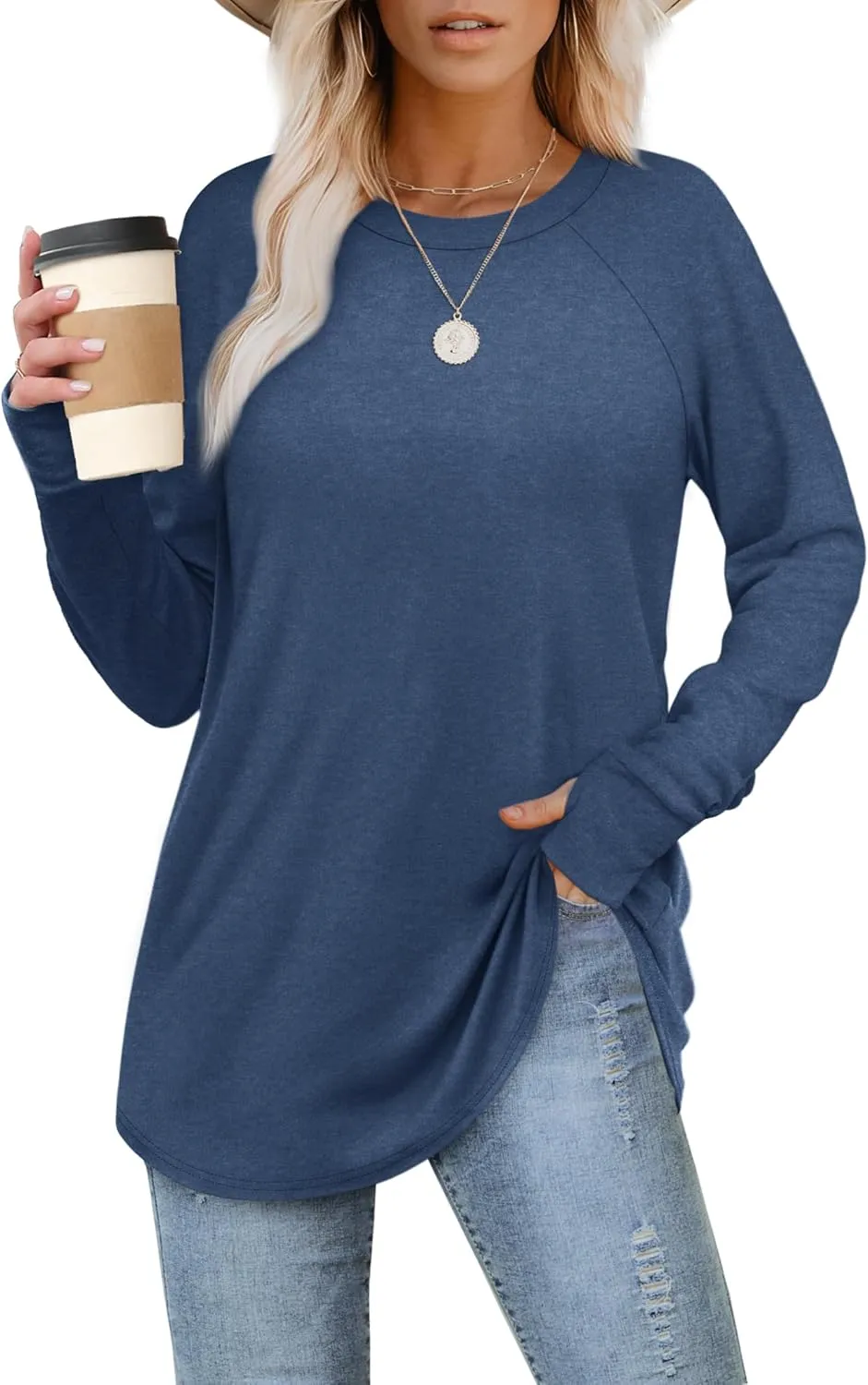 XIEERDUO Womens Tunic Tops to Wear with Leggings Long Sleeve Thumb Hole Shirts Crew Neck Curved Hem