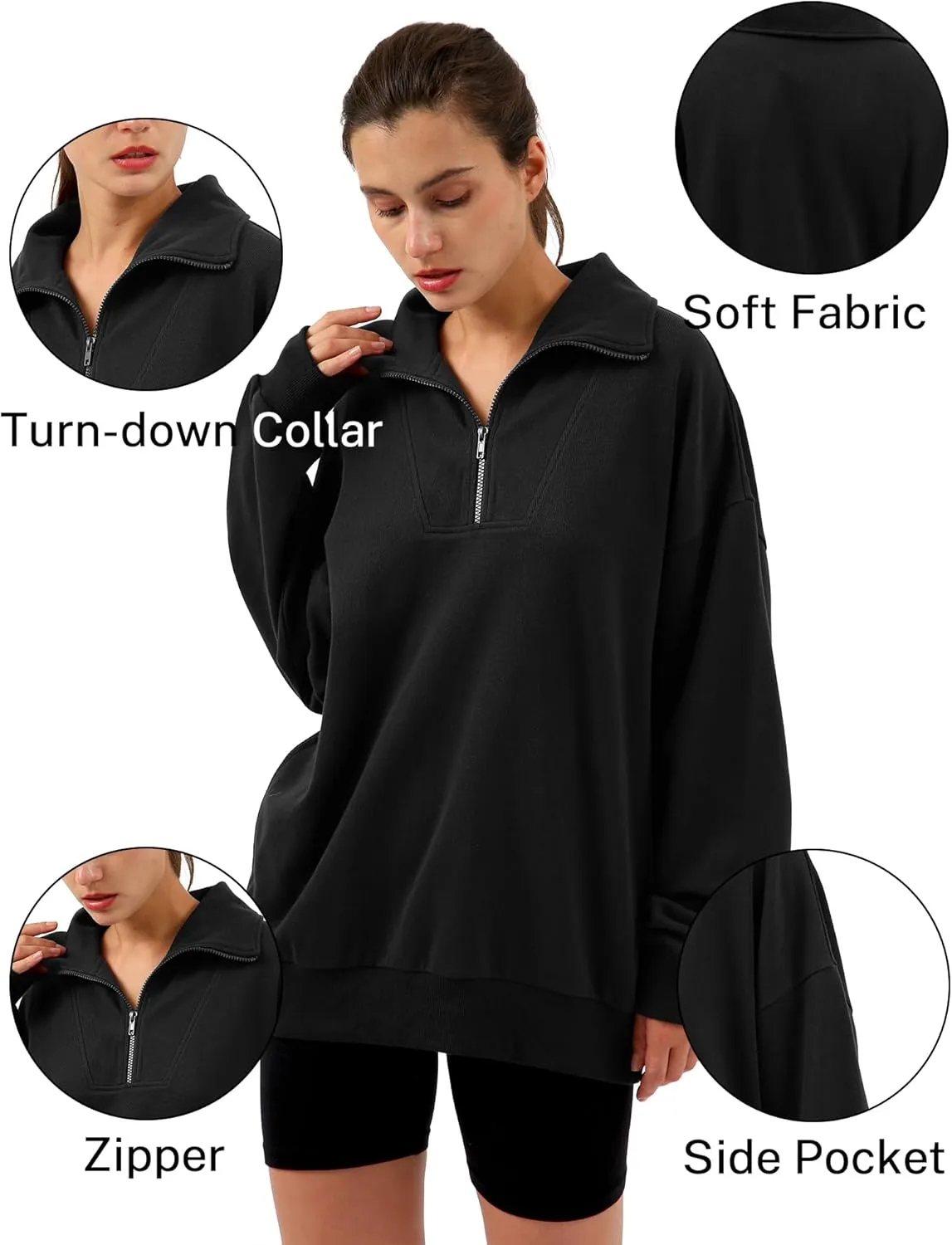 Xintianji Womens 1/4 Zip Pullover Sweatshirts Long Sleeve Drop Shoulder Half Hoodies Fall Oversized Sweater with side pockets