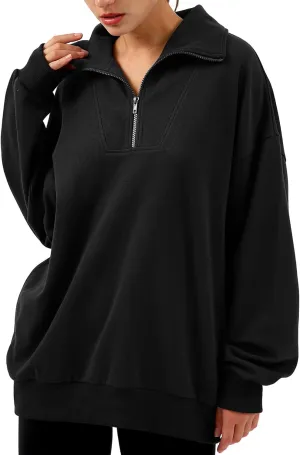 Xintianji Womens 1/4 Zip Pullover Sweatshirts Long Sleeve Drop Shoulder Half Hoodies Fall Oversized Sweater with side pockets