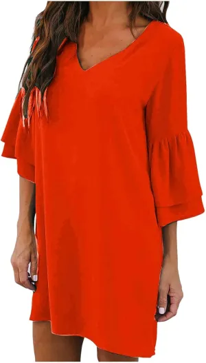 XUNRYAN Women's Summer 2023 Casual V Neck Tiered Ruffle Babydoll Dress Short Sleeve A-Line Flowy Mini Tunic Beach Dress