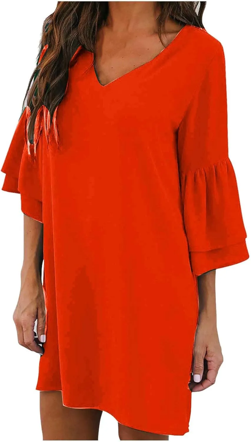 XUNRYAN Women's Summer 2023 Casual V Neck Tiered Ruffle Babydoll Dress Short Sleeve A-Line Flowy Mini Tunic Beach Dress
