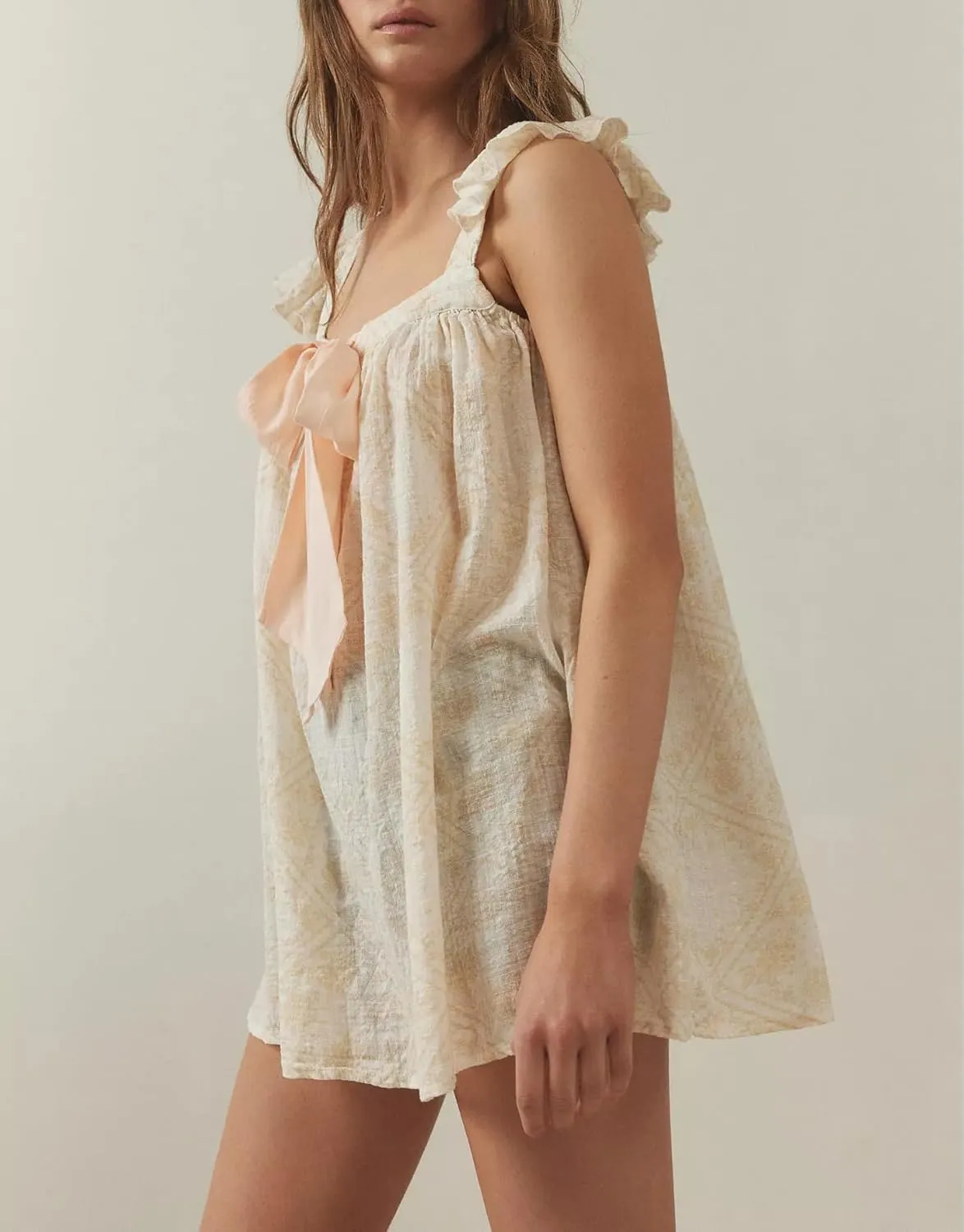 Y2k Women Bow Tie Front Mini Dress Ruffle Flying Sleeve Squared Neck Loose Flowy Babydoll Short Dresses Summer
