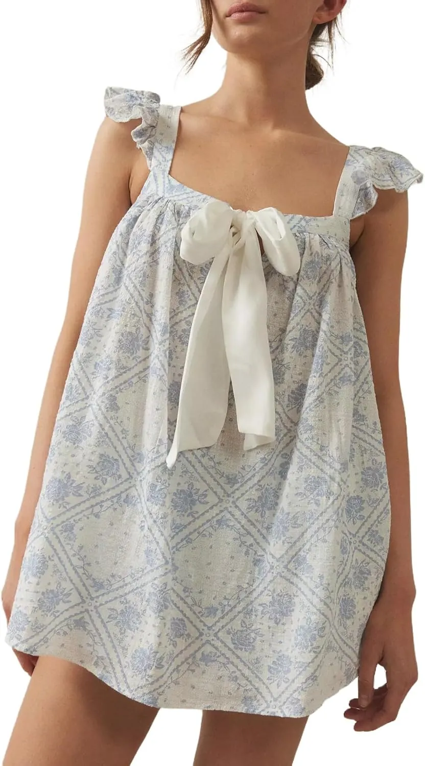 Y2k Women Bow Tie Front Mini Dress Ruffle Flying Sleeve Squared Neck Loose Flowy Babydoll Short Dresses Summer