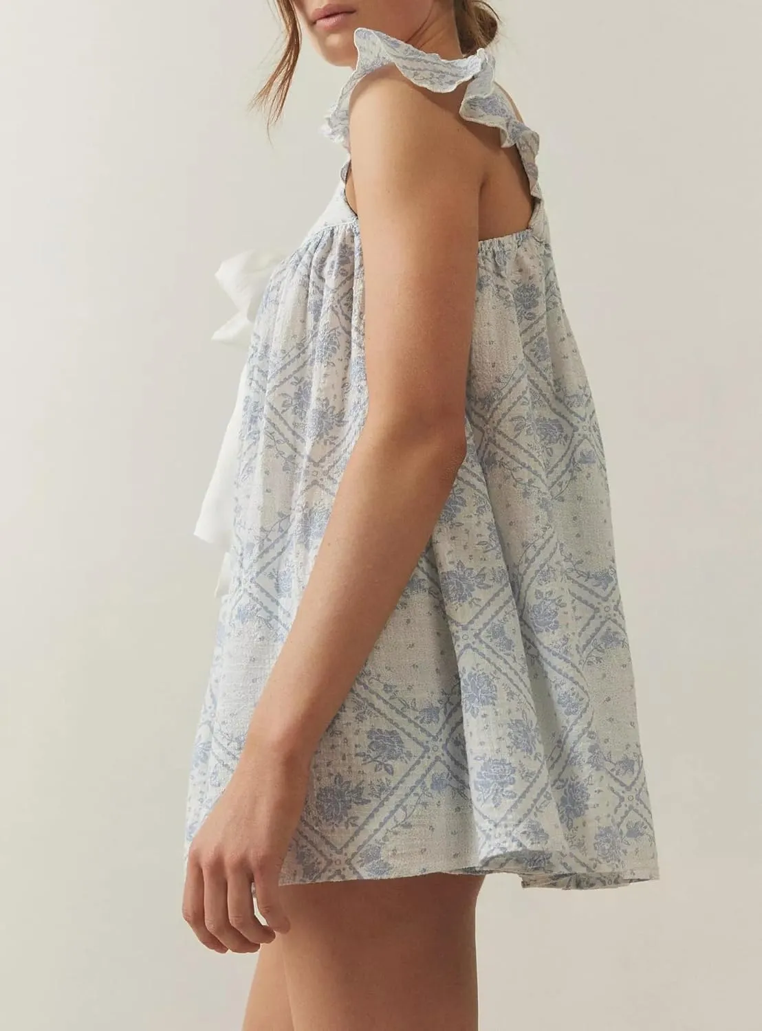 Y2k Women Bow Tie Front Mini Dress Ruffle Flying Sleeve Squared Neck Loose Flowy Babydoll Short Dresses Summer