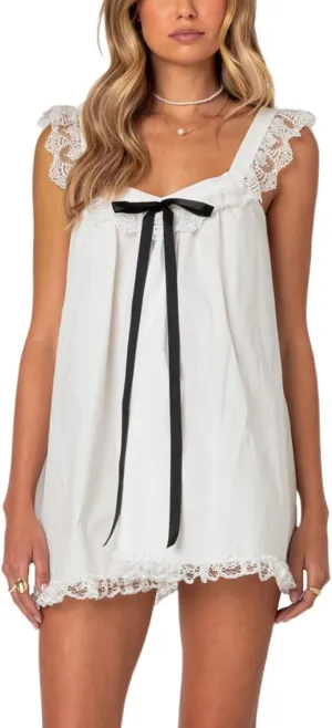 Y2k Women Bow Tie Front Mini Dress Ruffle Flying Sleeve Squared Neck Loose Flowy Babydoll Short Dresses Summer