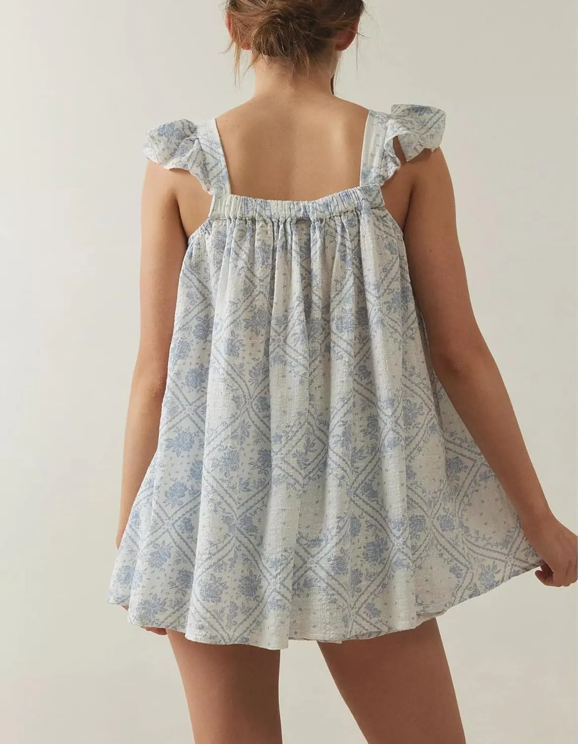 Y2k Women Bow Tie Front Mini Dress Ruffle Flying Sleeve Squared Neck Loose Flowy Babydoll Short Dresses Summer