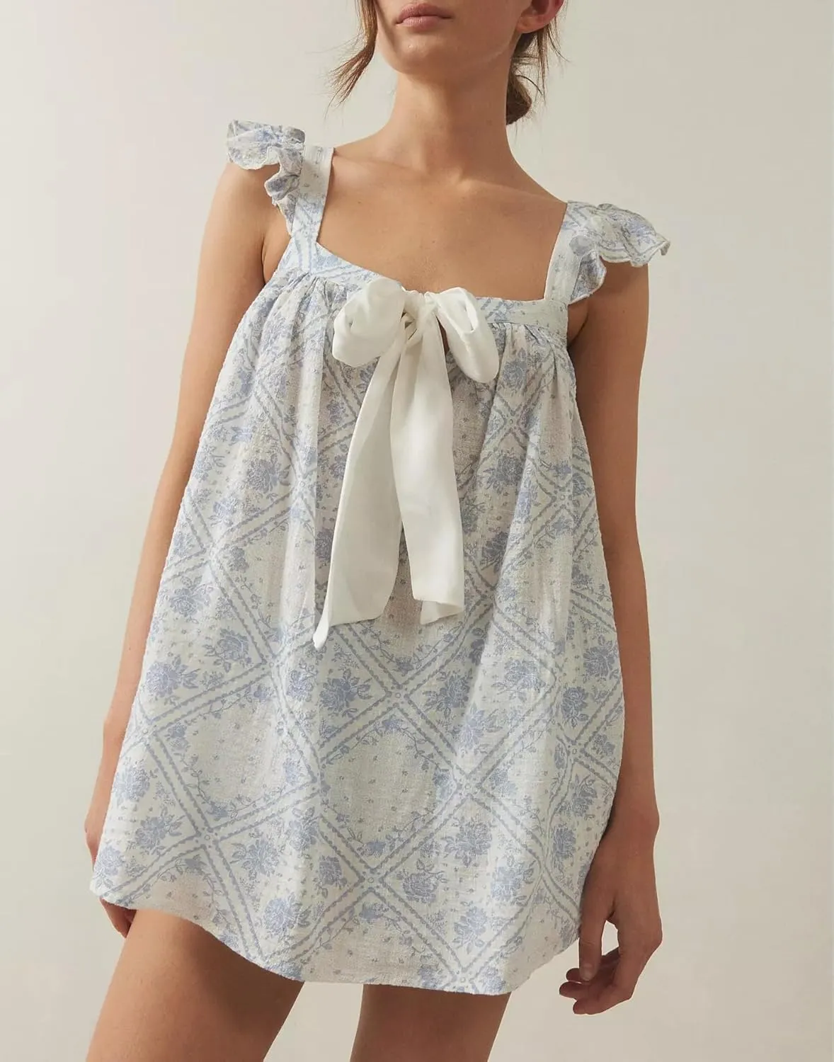 Y2k Women Bow Tie Front Mini Dress Ruffle Flying Sleeve Squared Neck Loose Flowy Babydoll Short Dresses Summer