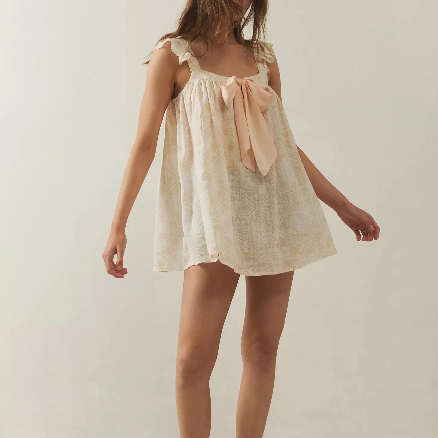 Y2k Women Bow Tie Front Mini Dress Ruffle Flying Sleeve Squared Neck Loose Flowy Babydoll Short Dresses Summer
