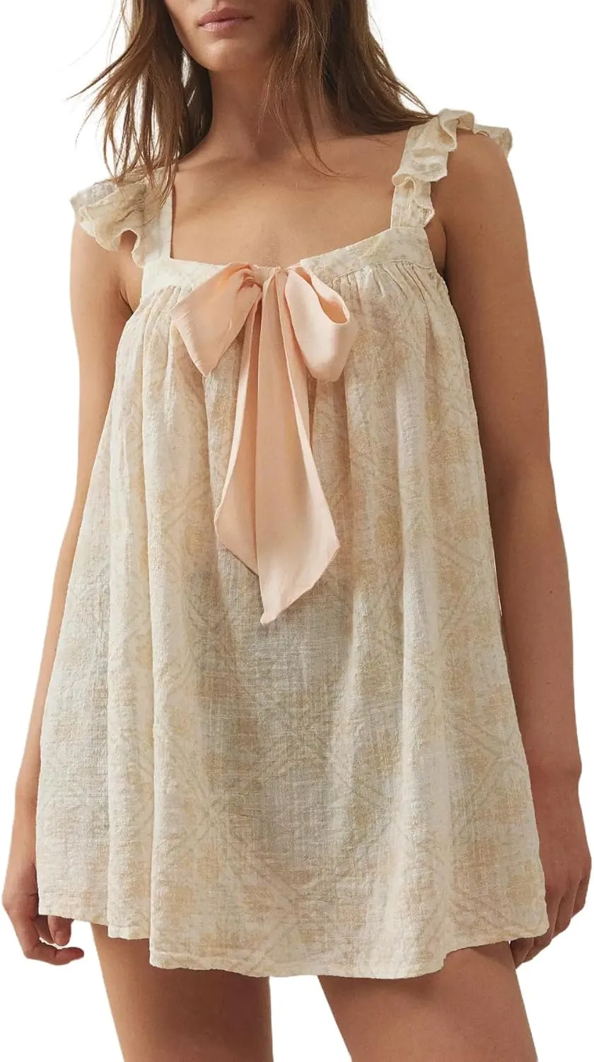 Y2k Women Bow Tie Front Mini Dress Ruffle Flying Sleeve Squared Neck Loose Flowy Babydoll Short Dresses Summer