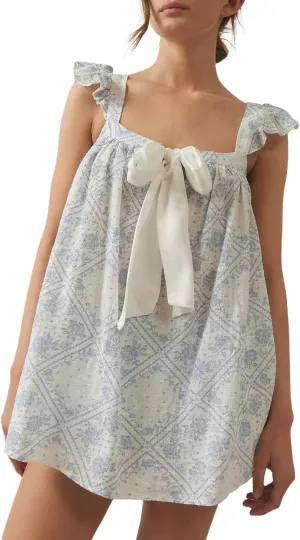 Y2k Women Bow Tie Front Mini Dress Ruffle Flying Sleeve Squared Neck Loose Flowy Babydoll Short Dresses Summer
