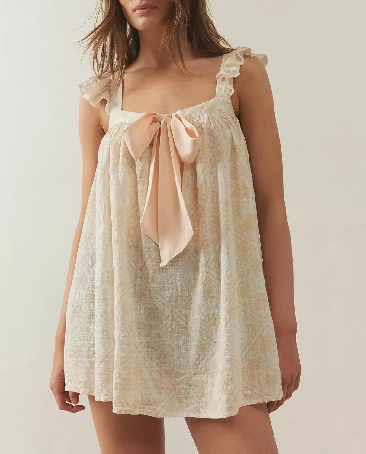 Y2k Women Bow Tie Front Mini Dress Ruffle Flying Sleeve Squared Neck Loose Flowy Babydoll Short Dresses Summer