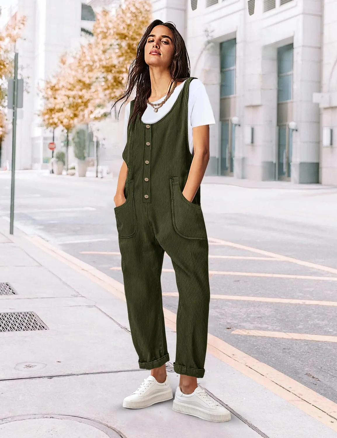 YESNO Corduroy Overalls for Women Casual Scoop Neck Harem Jumpsuits Adjustable Straps Tapered Rompers with Pockets PCS