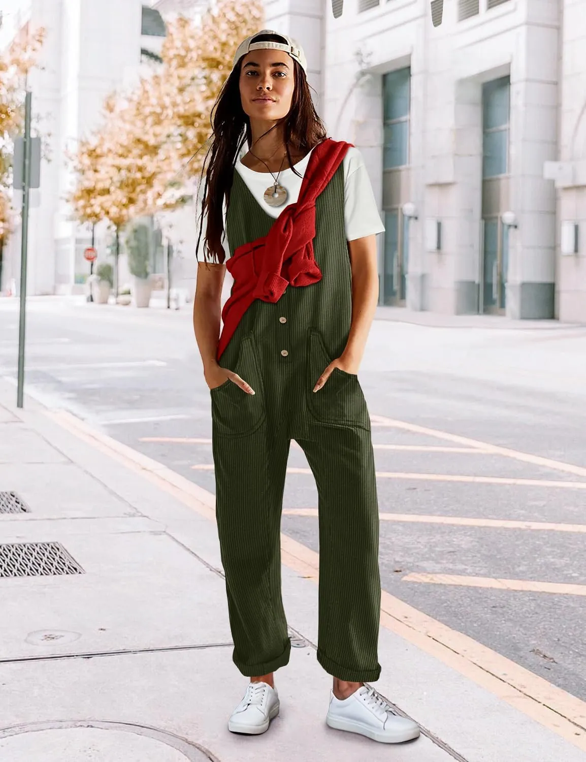 YESNO Corduroy Overalls for Women Casual Scoop Neck Harem Jumpsuits Adjustable Straps Tapered Rompers with Pockets PCS