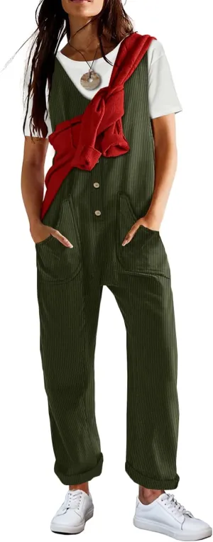 YESNO Corduroy Overalls for Women Casual Scoop Neck Harem Jumpsuits Adjustable Straps Tapered Rompers with Pockets PCS