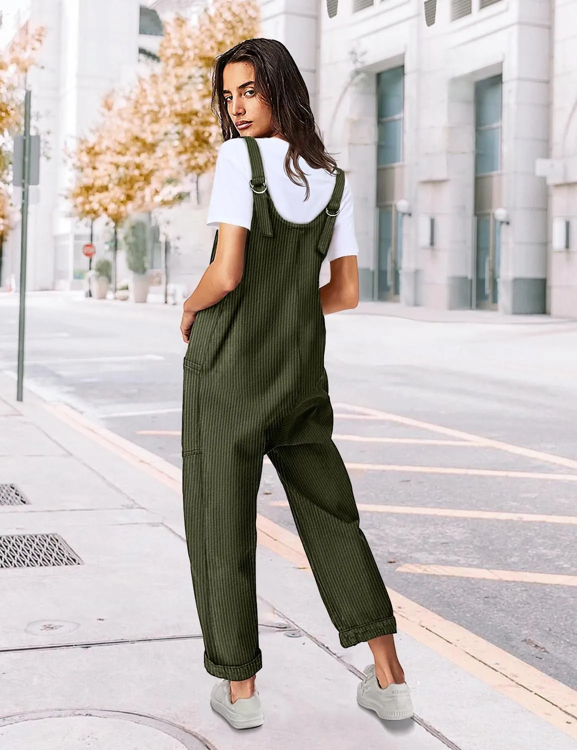YESNO Corduroy Overalls for Women Casual Scoop Neck Harem Jumpsuits Adjustable Straps Tapered Rompers with Pockets PCS