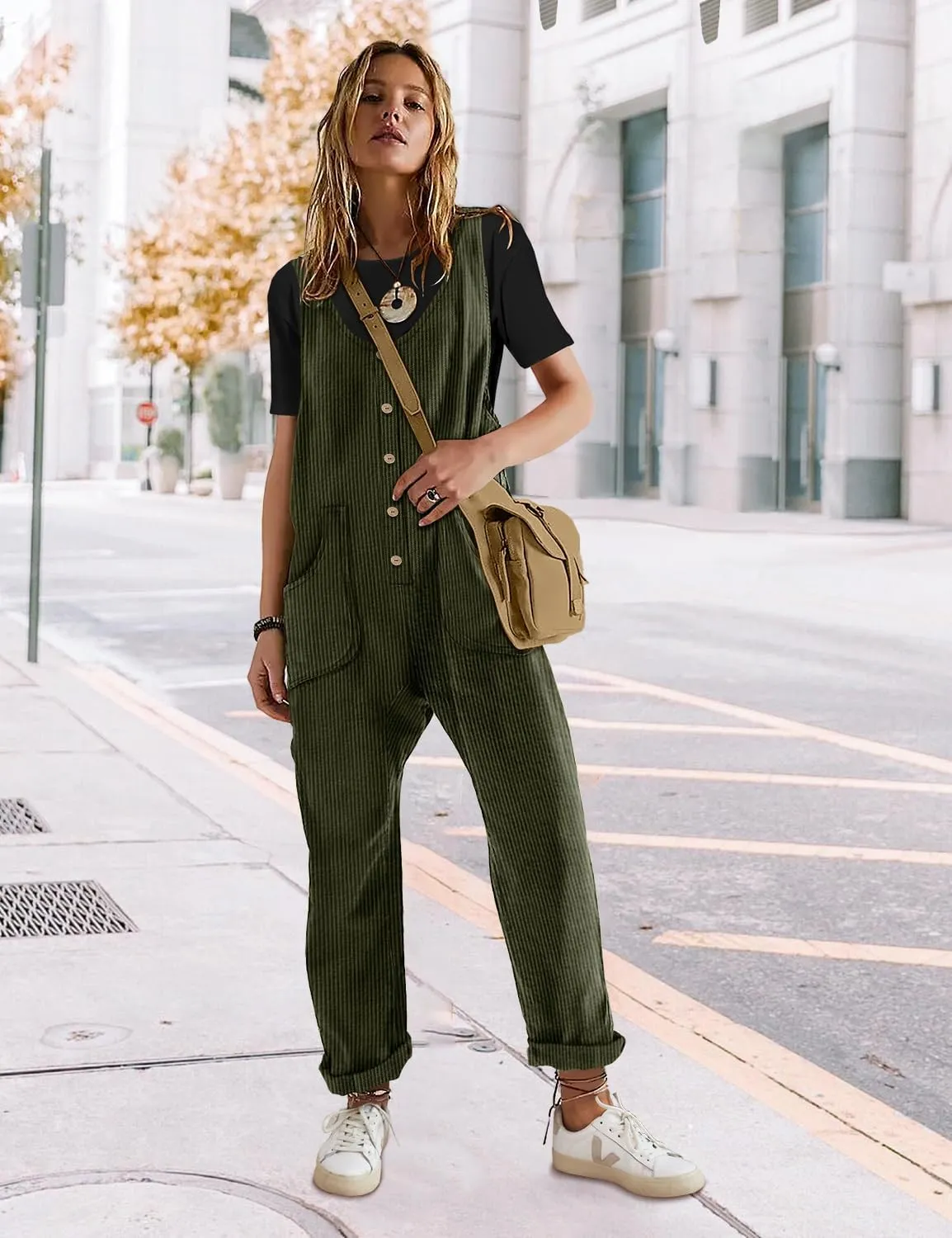 YESNO Corduroy Overalls for Women Casual Scoop Neck Harem Jumpsuits Adjustable Straps Tapered Rompers with Pockets PCS