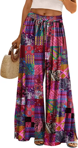 YESNO Women Summer Boho Palazzo Pants High Waist Wide Leg Floral Casual Cotton Lounge Trousers with Pockets 2XL PP0 P002R