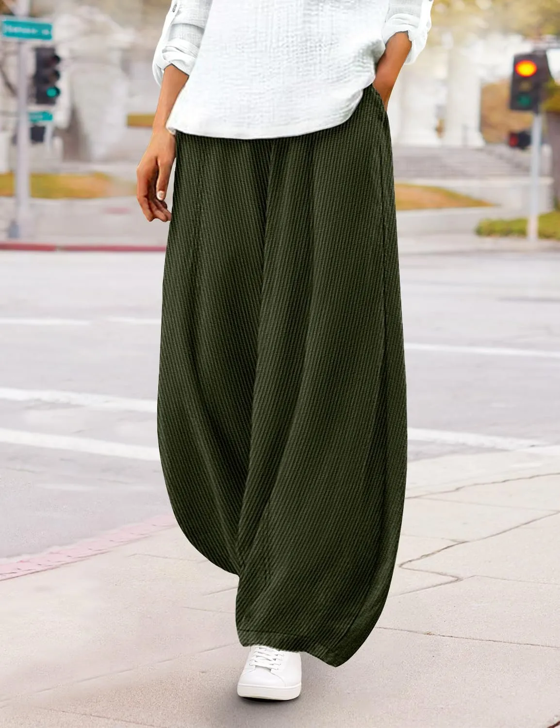 YESNO Women's Corduroy Lantern Pants Baggy Casual Loose Elastic Waist Long Trousers with Pockets PCI