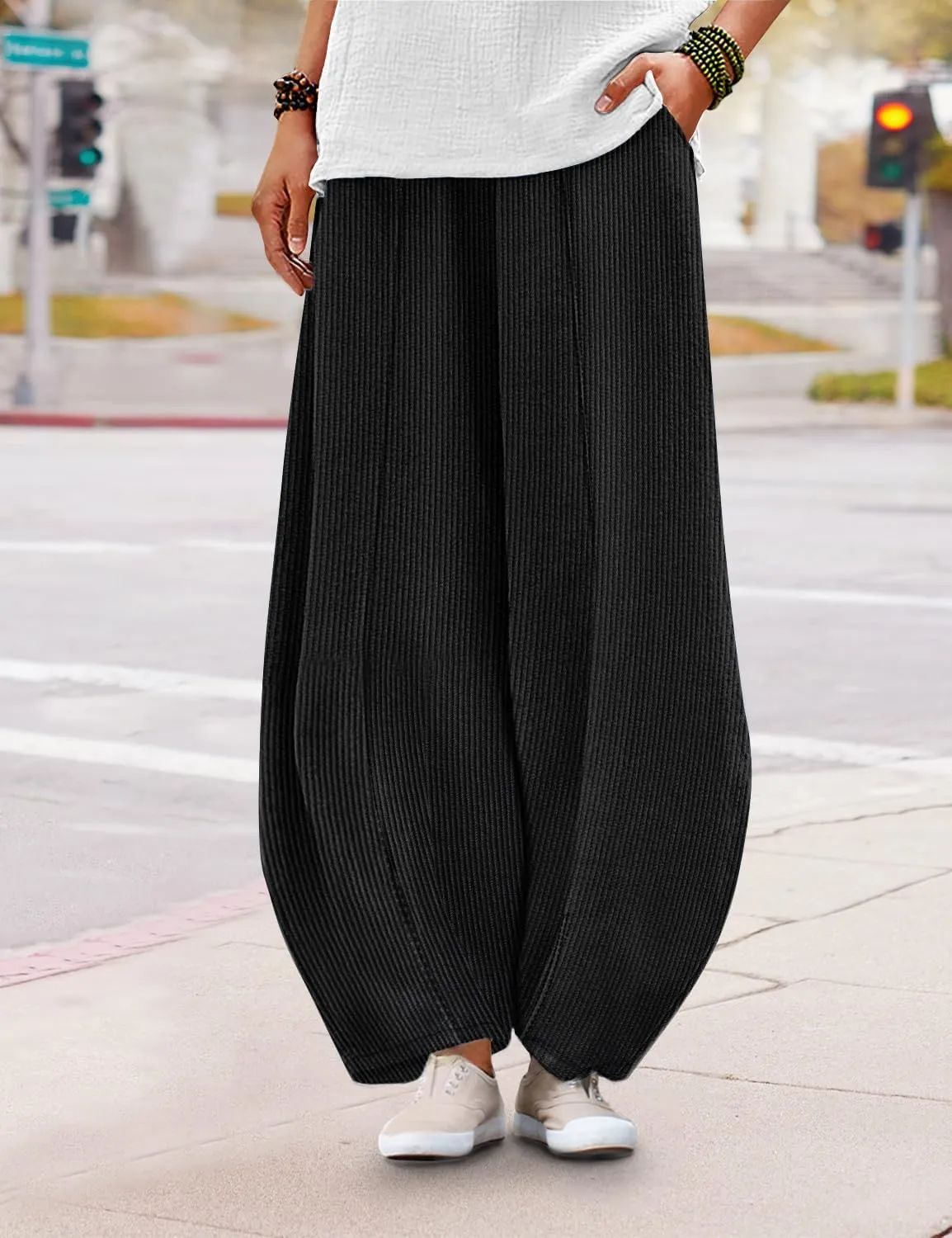 YESNO Women's Corduroy Lantern Pants Baggy Casual Loose Elastic Waist Long Trousers with Pockets PCI