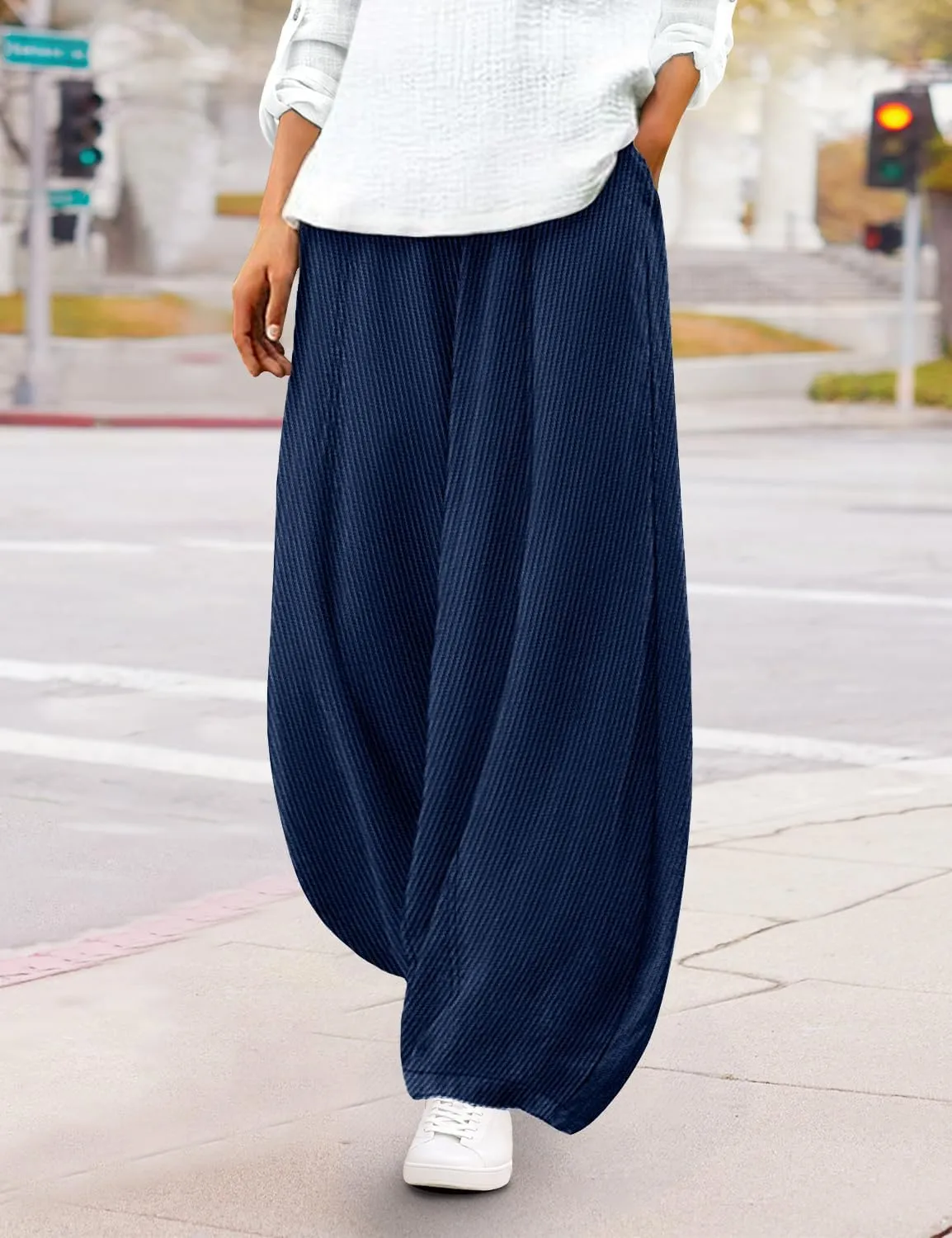 YESNO Women's Corduroy Lantern Pants Baggy Casual Loose Elastic Waist Long Trousers with Pockets PCI