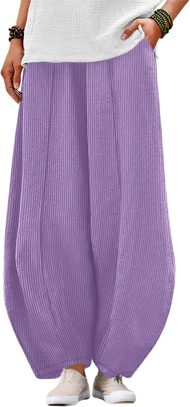YESNO Women's Corduroy Lantern Pants Baggy Casual Loose Elastic Waist Long Trousers with Pockets PCI