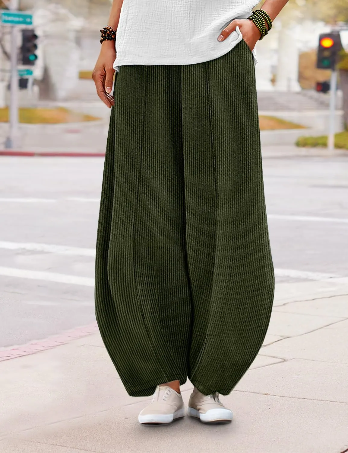 YESNO Women's Corduroy Lantern Pants Baggy Casual Loose Elastic Waist Long Trousers with Pockets PCI