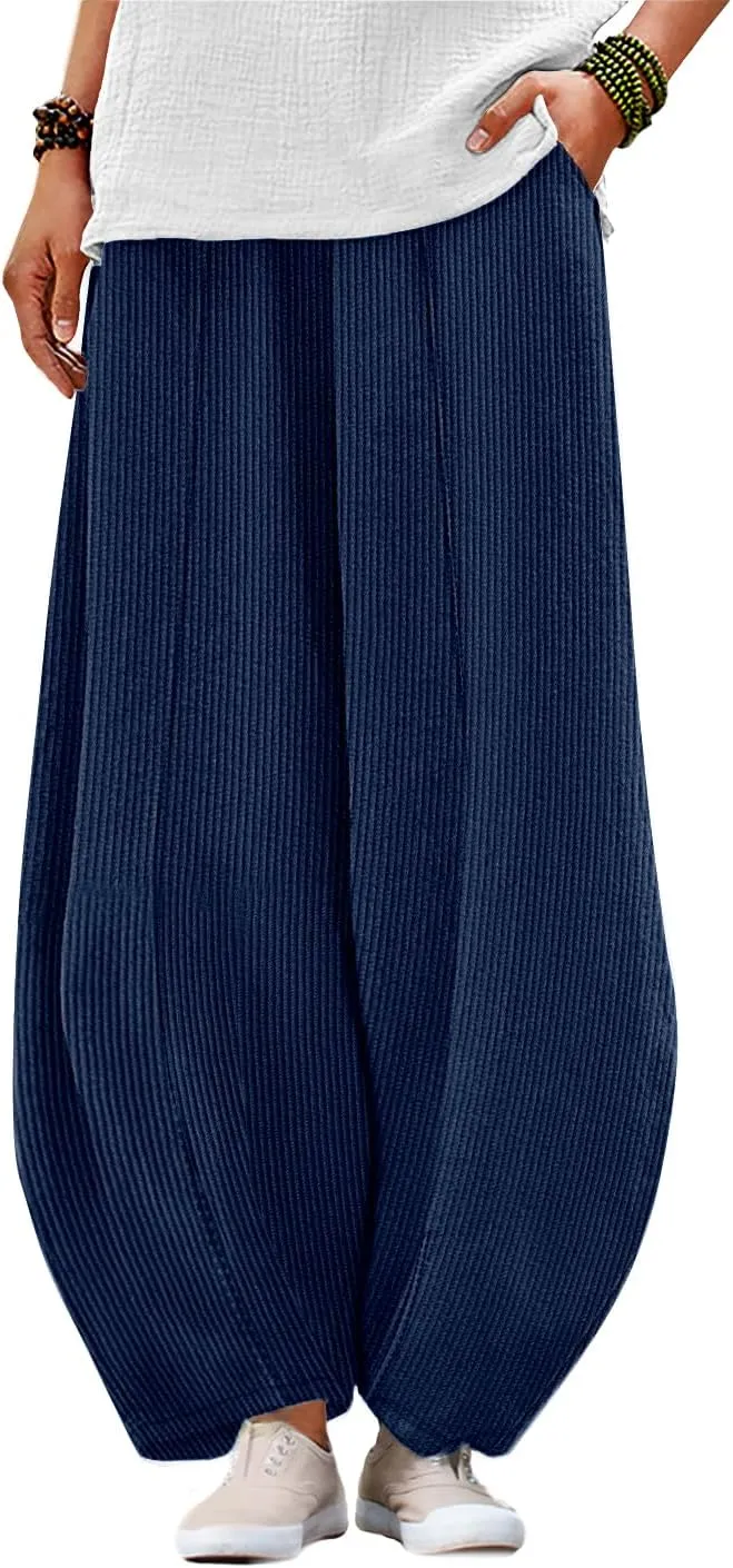 YESNO Women's Corduroy Lantern Pants Baggy Casual Loose Elastic Waist Long Trousers with Pockets PCI