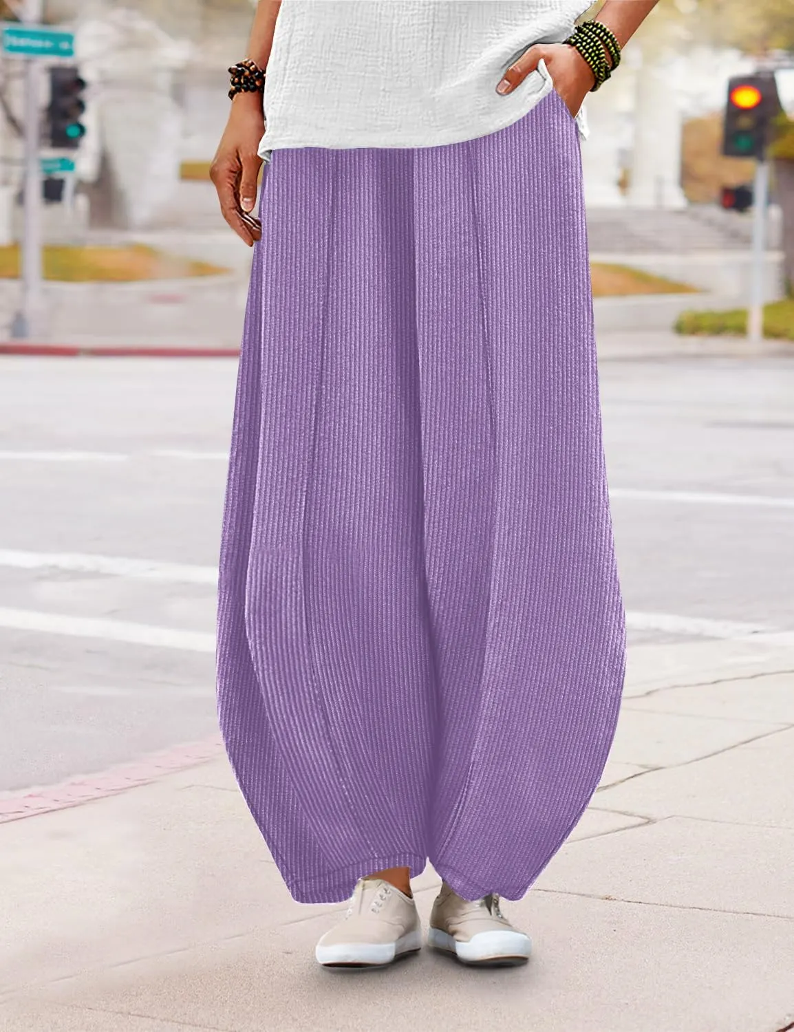 YESNO Women's Corduroy Lantern Pants Baggy Casual Loose Elastic Waist Long Trousers with Pockets PCI