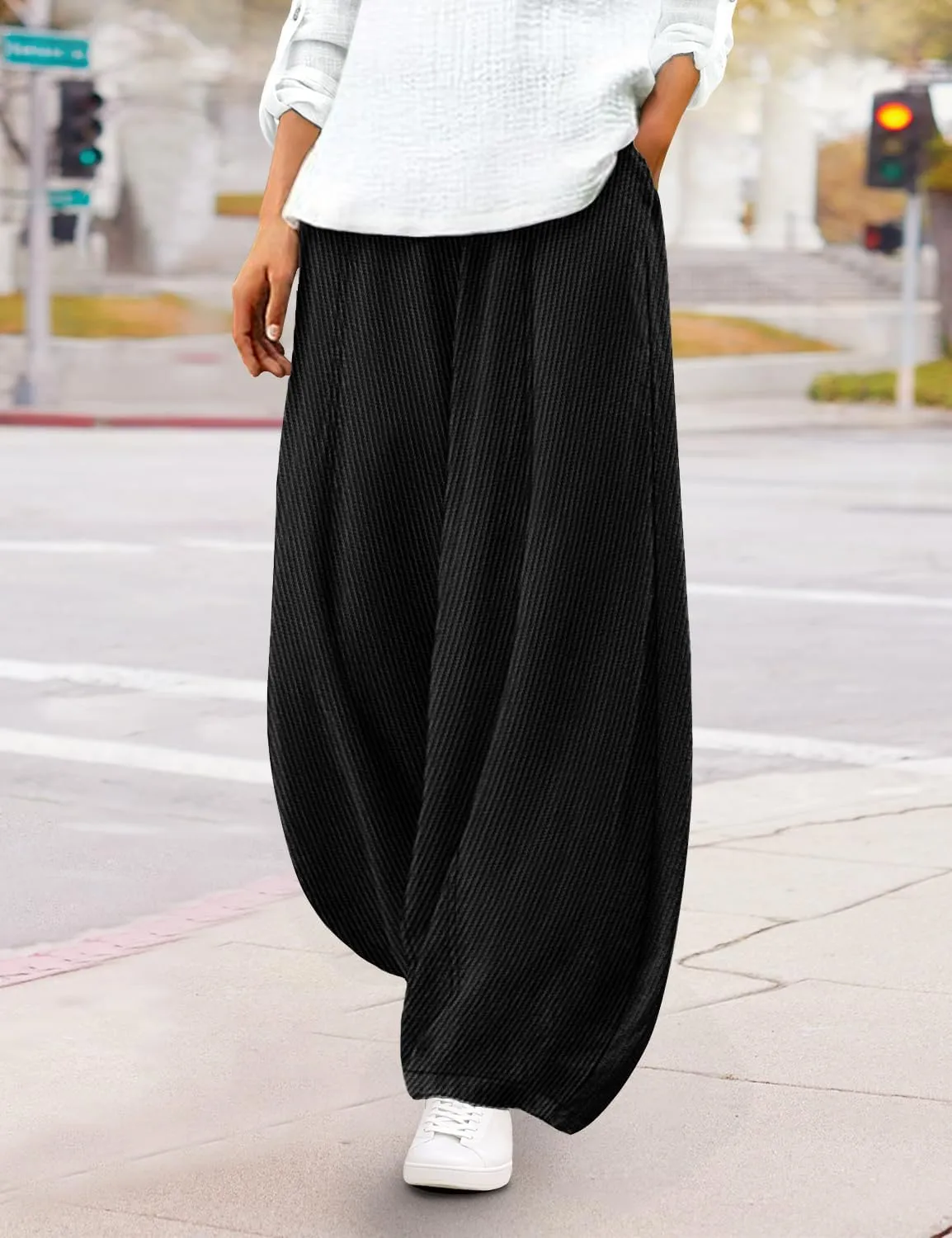 YESNO Women's Corduroy Lantern Pants Baggy Casual Loose Elastic Waist Long Trousers with Pockets PCI