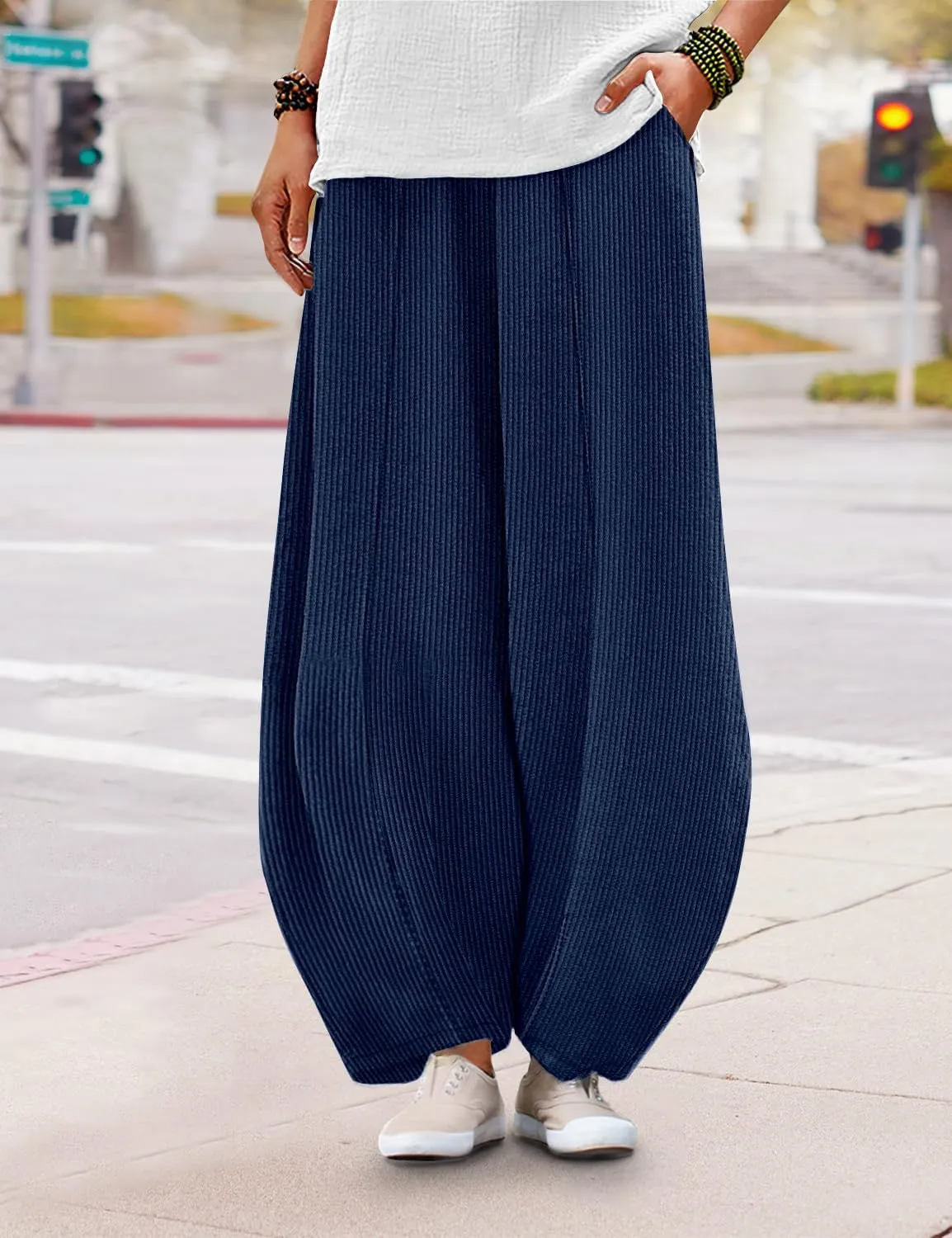 YESNO Women's Corduroy Lantern Pants Baggy Casual Loose Elastic Waist Long Trousers with Pockets PCI