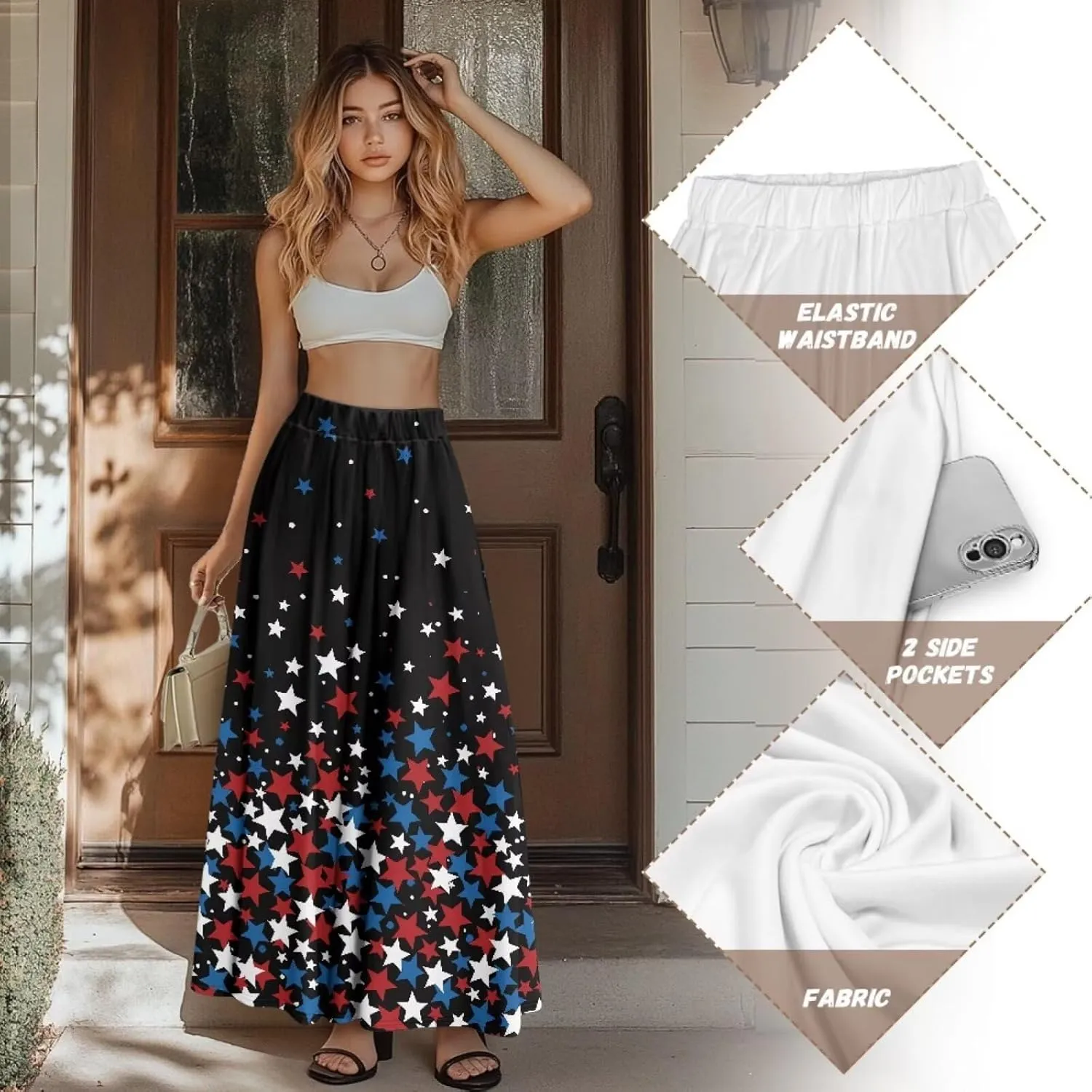 Yewattles Womens Elastic High Waist Pleated A-Line Flowy Swing Maxi Long Skirt Dress with Pockets
