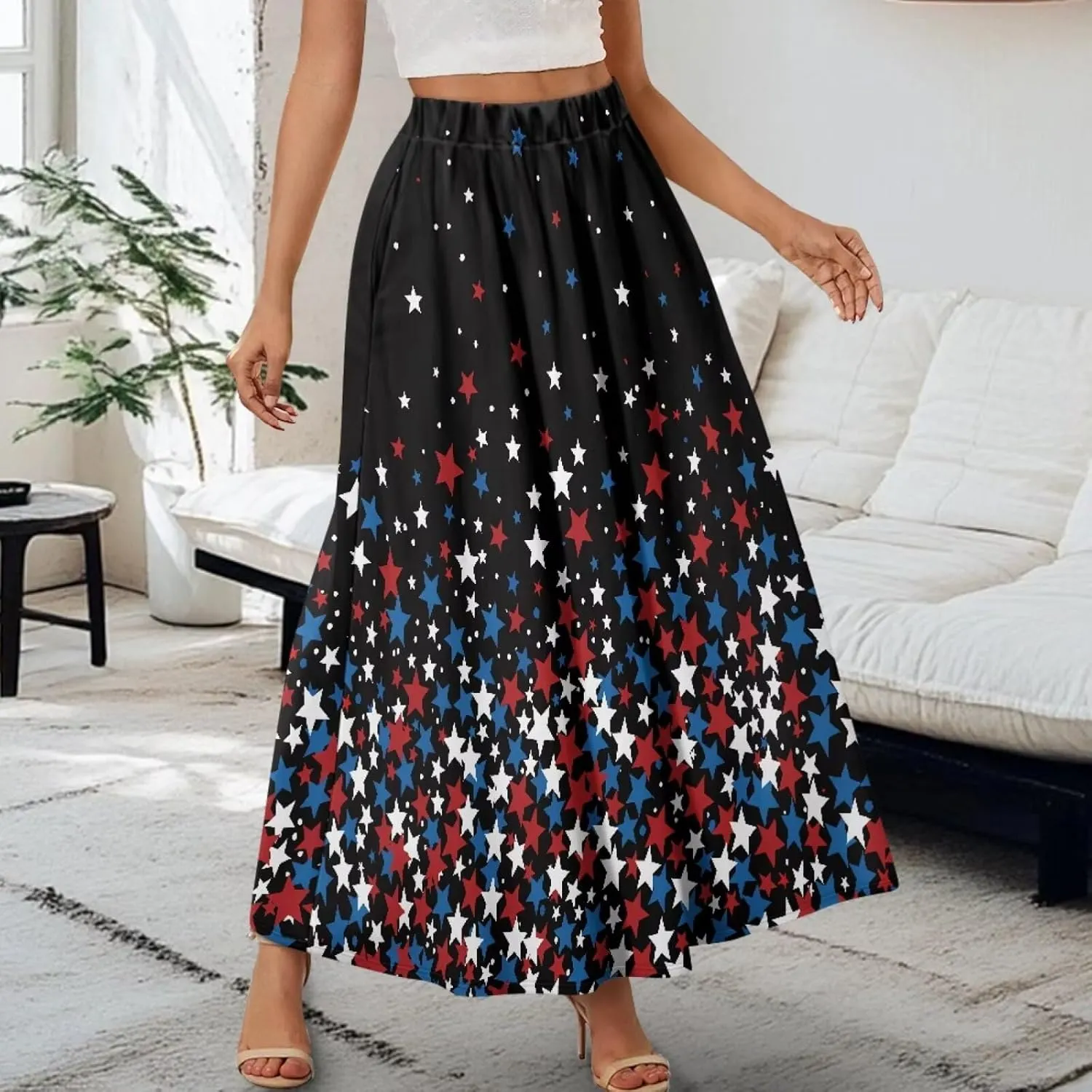 Yewattles Womens Elastic High Waist Pleated A-Line Flowy Swing Maxi Long Skirt Dress with Pockets